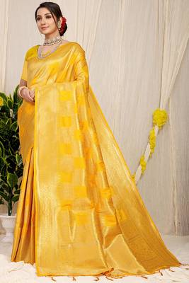 Yellow banarasi silk blend saree with zari checkered weave 1