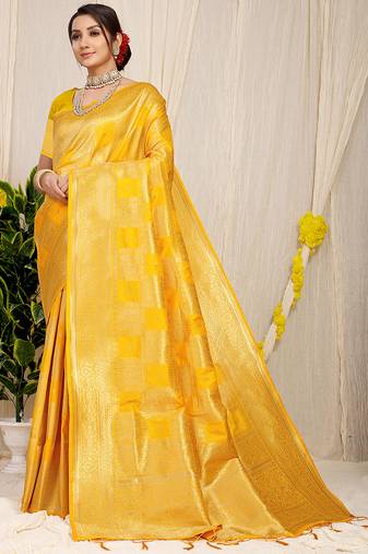 Yellow banarasi silk blend saree with zari checkered weave
