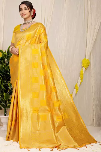 Yellow banarasi silk blend saree with zari checkered weave