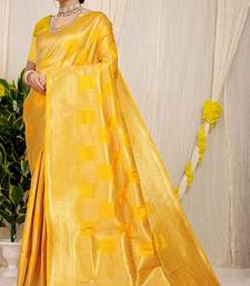 Yellow banarasi silk blend saree with zari checkered weave