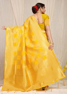 Yellow banarasi silk blend saree with zari checkered weave 2