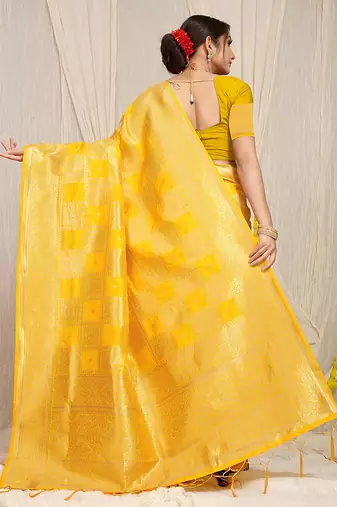 Yellow banarasi silk blend saree with zari checkered weave