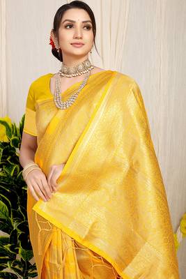 Yellow banarasi silk blend saree with zari checkered weave 3