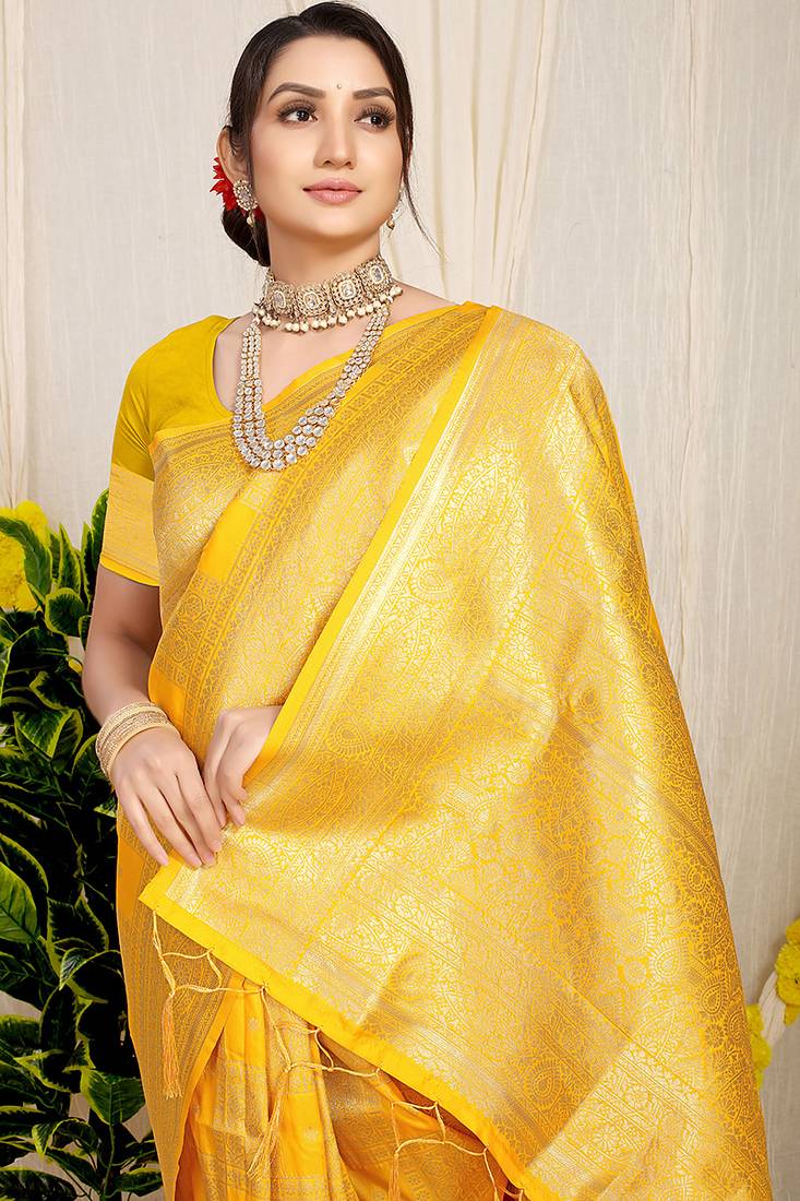 Yellow banarasi silk blend saree with zari checkered weave