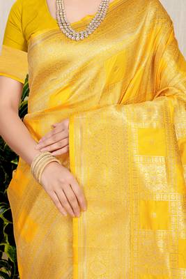 Yellow banarasi silk blend saree with zari checkered weave 4
