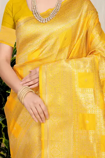 Yellow banarasi silk blend saree with zari checkered weave