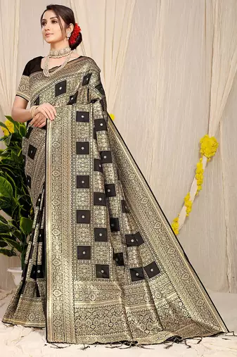 Black banarasi silk blend saree with zari checkered weave