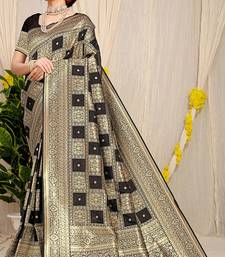 Black banarasi silk blend saree with zari checkered weave