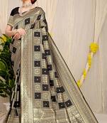 Black banarasi silk blend saree with zari checkered weave