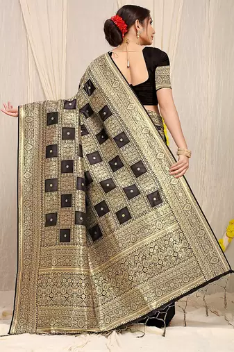 Black banarasi silk blend saree with zari checkered weave