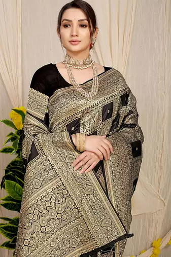 Black banarasi silk blend saree with zari checkered weave