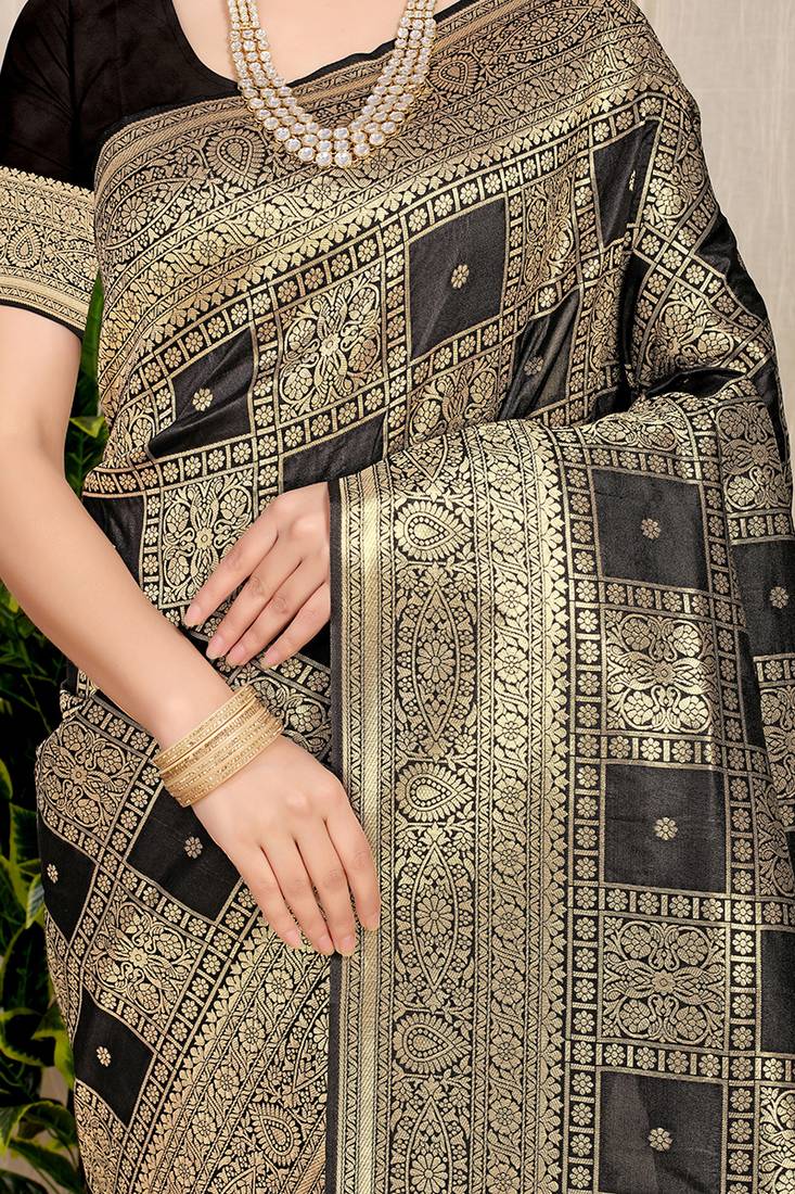 Black banarasi silk blend saree with zari checkered weave