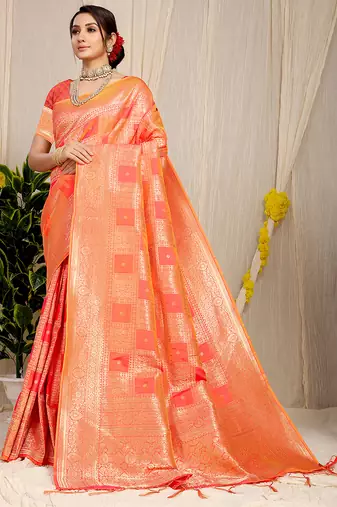 Peach banarasi silk blend saree with zari checkered weave
