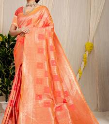 Peach banarasi silk blend saree with zari checkered weave