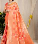 Peach banarasi silk blend saree with zari checkered weave