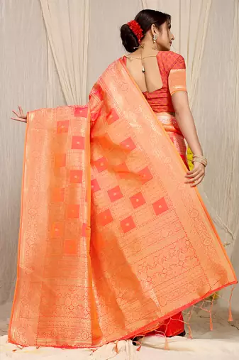 Peach banarasi silk blend saree with zari checkered weave