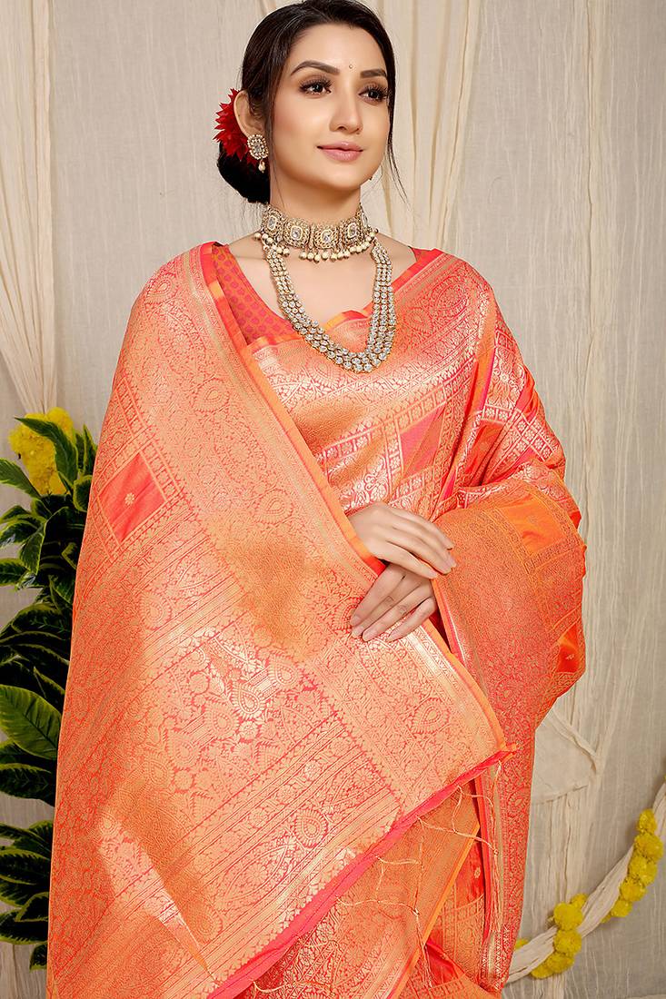 Peach banarasi silk blend saree with zari checkered weave