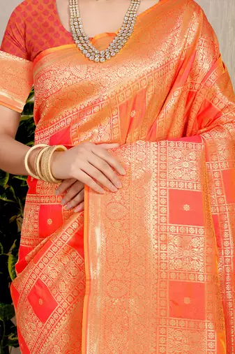 Peach banarasi silk blend saree with zari checkered weave