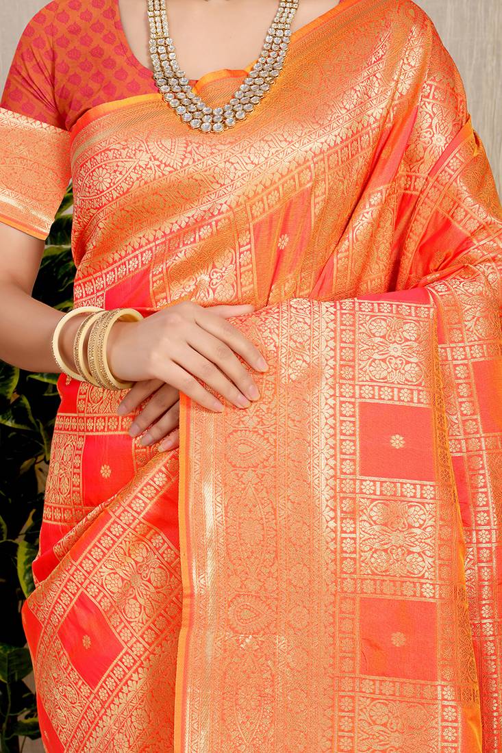Peach banarasi silk blend saree with zari checkered weave