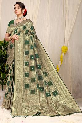 Bottle green banarasi silk blend saree with zari checkered weave 1