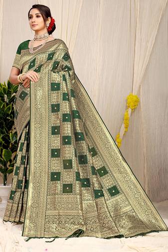 Bottle green banarasi silk blend saree with zari checkered weave