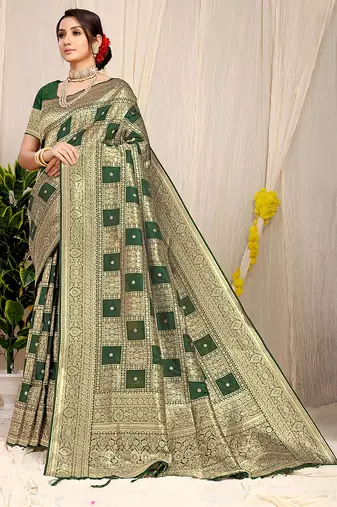 Bottle green banarasi silk blend saree with zari checkered weave