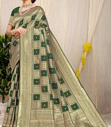 Bottle green banarasi silk blend saree with zari checkered weave