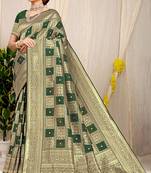 Bottle green banarasi silk blend saree with zari checkered weave
