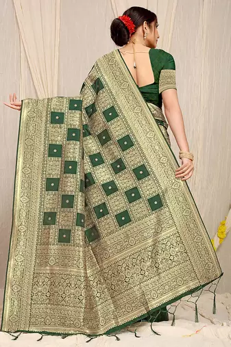 Bottle green banarasi silk blend saree with zari checkered weave