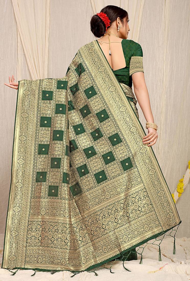 Bottle green banarasi silk blend saree with zari checkered weave