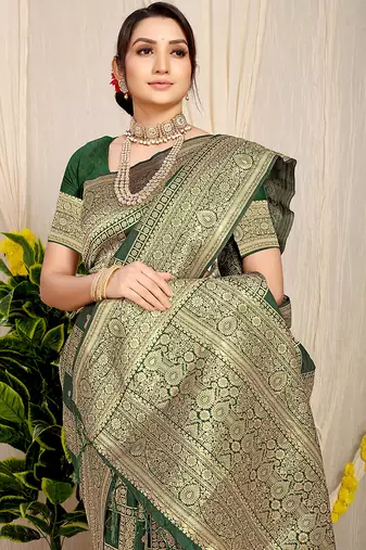 Bottle green banarasi silk blend saree with zari checkered weave