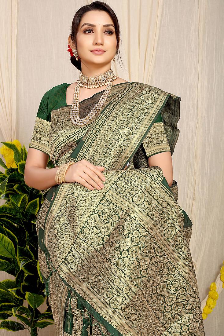 Bottle green banarasi silk blend saree with zari checkered weave