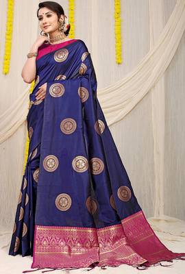 Navy blue silk blend saree with teal zari border and circular motifs 1