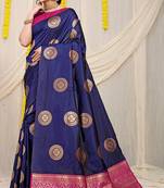 Navy blue silk blend saree with teal zari border and circular motifs
