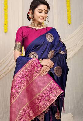 Navy blue silk blend saree with teal zari border and circular motifs 3