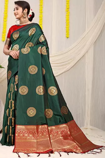 Bottle green silk blend saree with red zari border and circular motifs