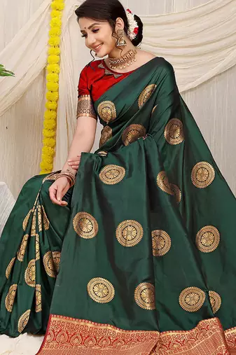 Bottle green silk blend saree with red zari border and circular motifs