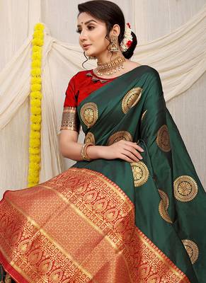 Bottle green silk blend saree with red zari border and circular motifs 3
