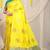 Yellow silk blend saree with teal zari border and circular motifs