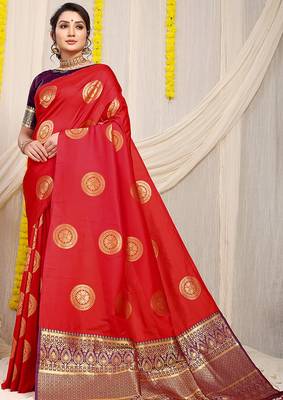 Red silk blend saree with wine zari border and circular motifs 1
