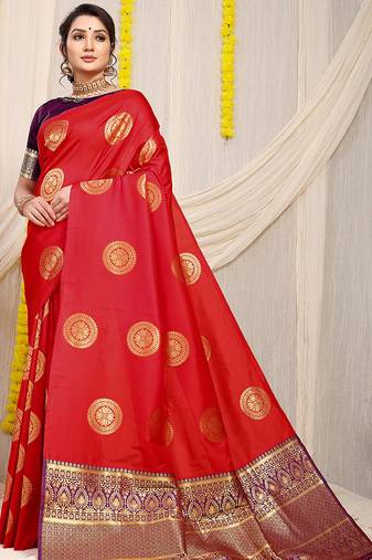 Red silk blend saree with wine zari border and circular motifs