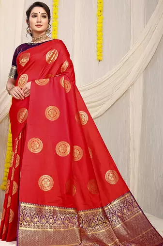 Red silk blend saree with wine zari border and circular motifs