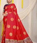 Red silk blend saree with wine zari border and circular motifs