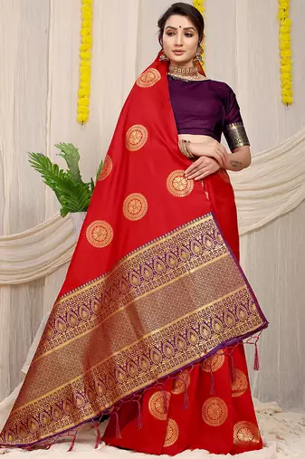 Red silk blend saree with wine zari border and circular motifs