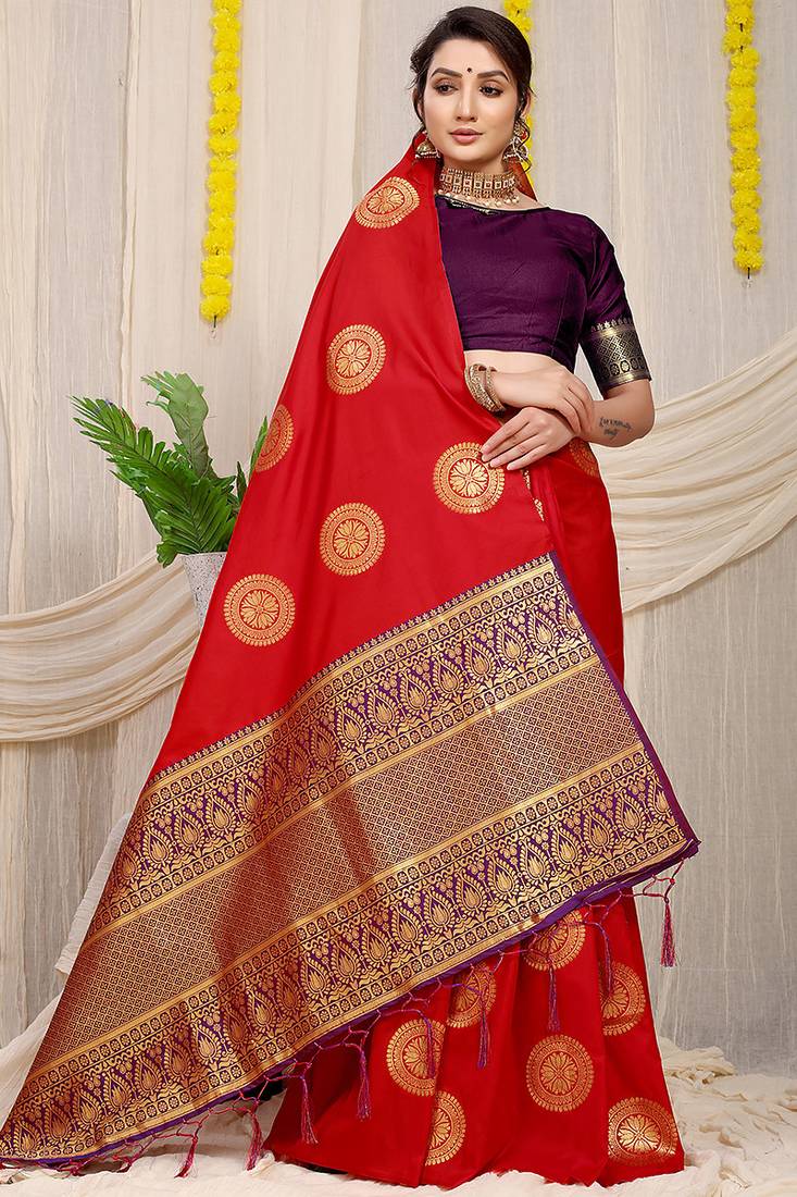 Red silk blend saree with wine zari border and circular motifs