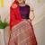 Red silk blend saree with wine zari border and circular motifs