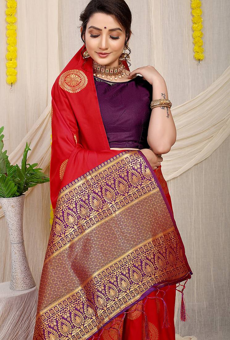 Red silk blend saree with wine zari border and circular motifs