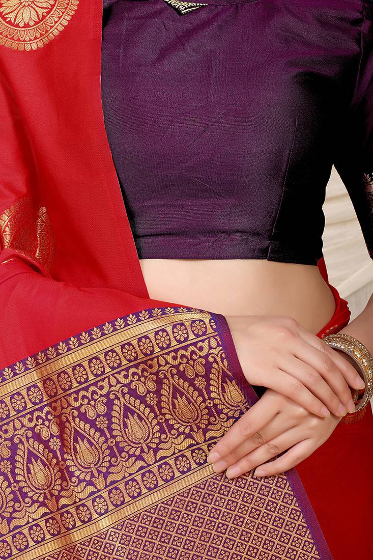 Red silk blend saree with wine zari border and circular motifs