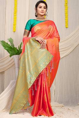 Peach silk blend saree with turquoise zari border and circular motifs 2