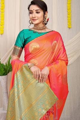 Peach silk blend saree with turquoise zari border and circular motifs 3